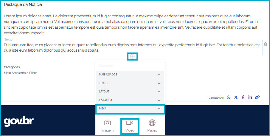 Tela de inclusão de Mídia, com a opção Vídeo selecionada