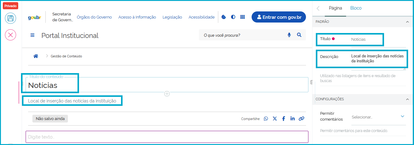 Tela de edição da página