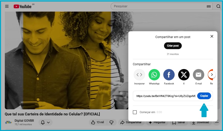 Visão do link e do botão "Copiar" no vídeo do Youtube