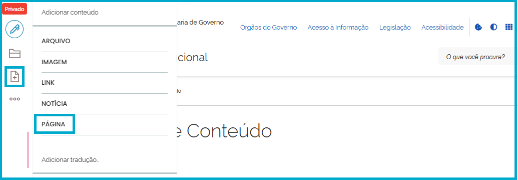 Menu de edição com o botão [+] e o item Página selecionados