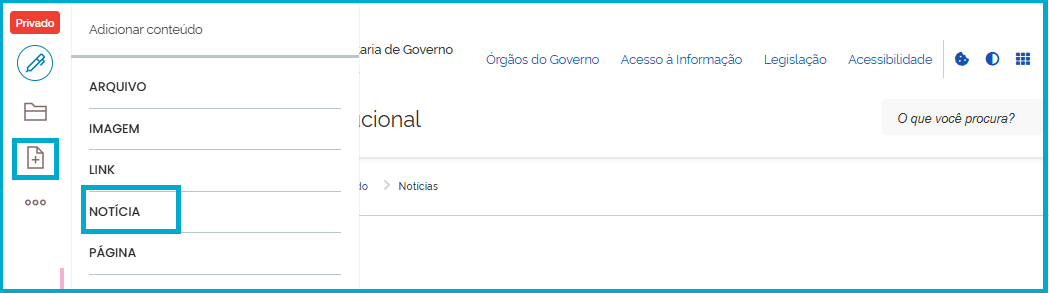 Menu de edição com o botão [+] e o item Notícia selecionados