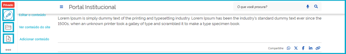 Visão da localização dos itens "Editar", "Conteúdo" e "Adicionar conteúdo"