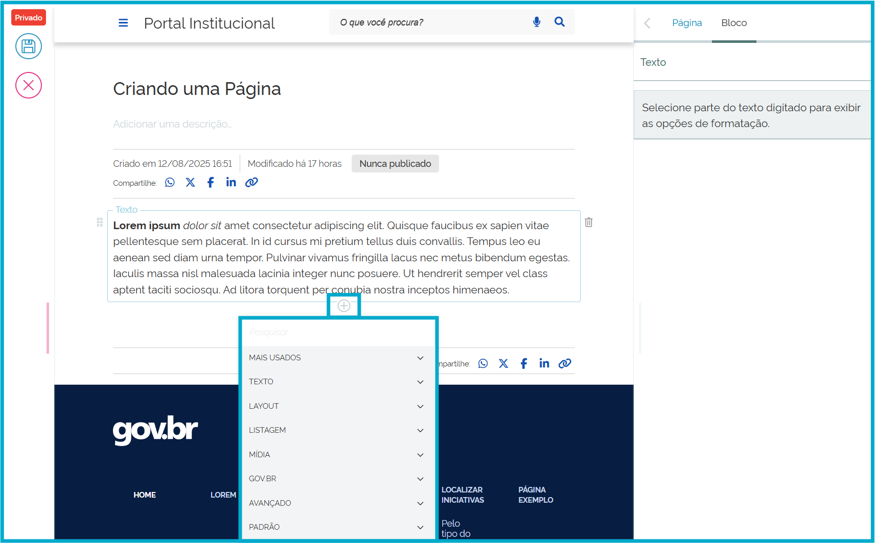 Print da tela Adicionar um novo bloco mostrando as opções mais usadas: Texto, Layout, Listagem, Mídi