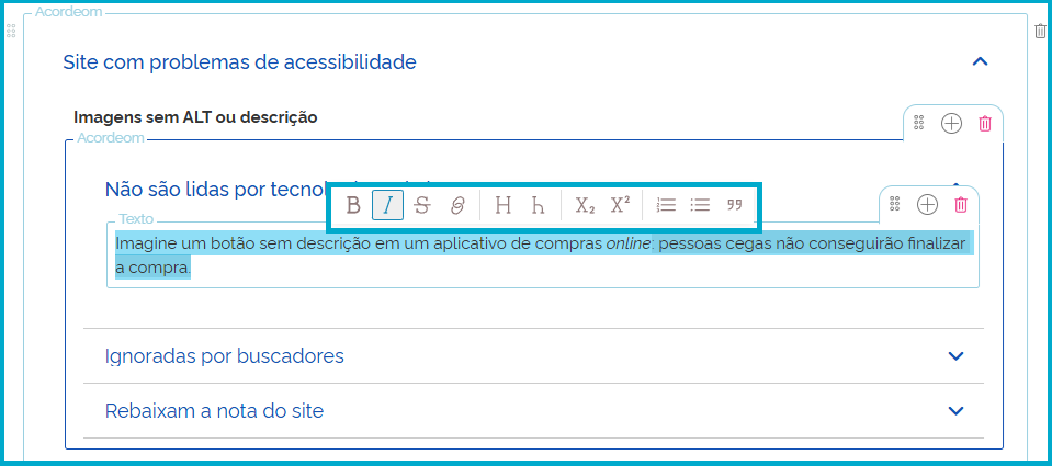 Tela do Acordeom com texto selecionado para formatação