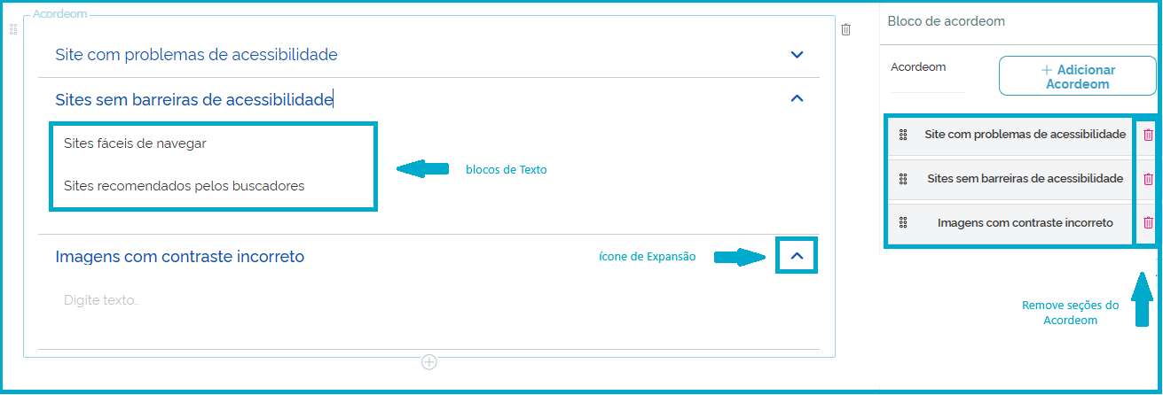 Tela de configuração dos textos do Acordeom