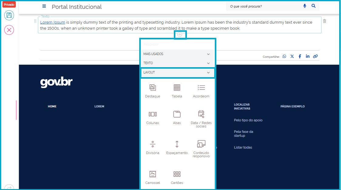tela de inserção dos blocos do layout