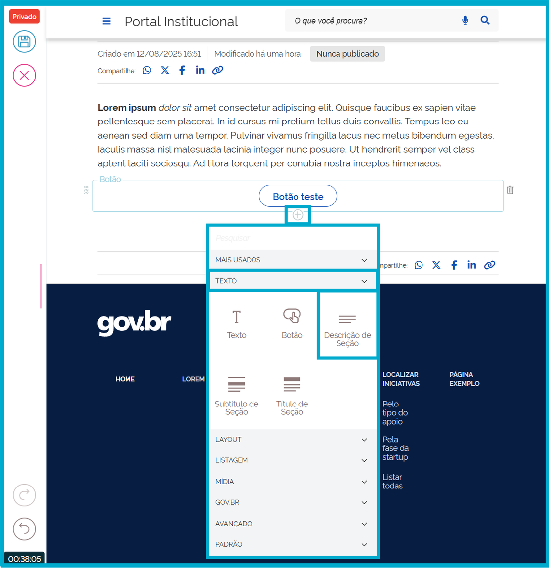 adicionando o bloco de descrição de seção