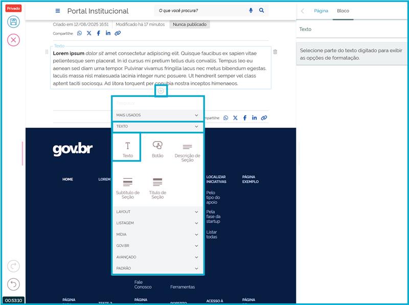 Tela Adicionar bloco, com o bloco de Texto selecionado