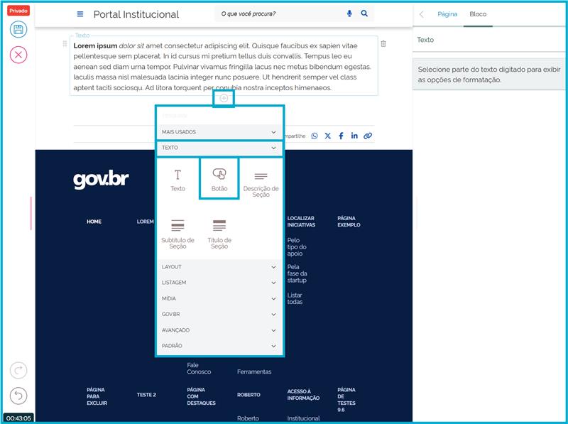 Tela Adicionar bloco, com o bloco Botão selecionado