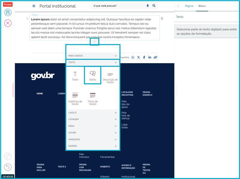 Tela Adicionar bloco, com o bloco Botão selecionado