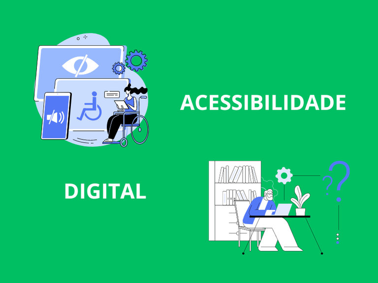 Ilustração de Pessoas com Deficiência utilizando computador e dispositivos móveis