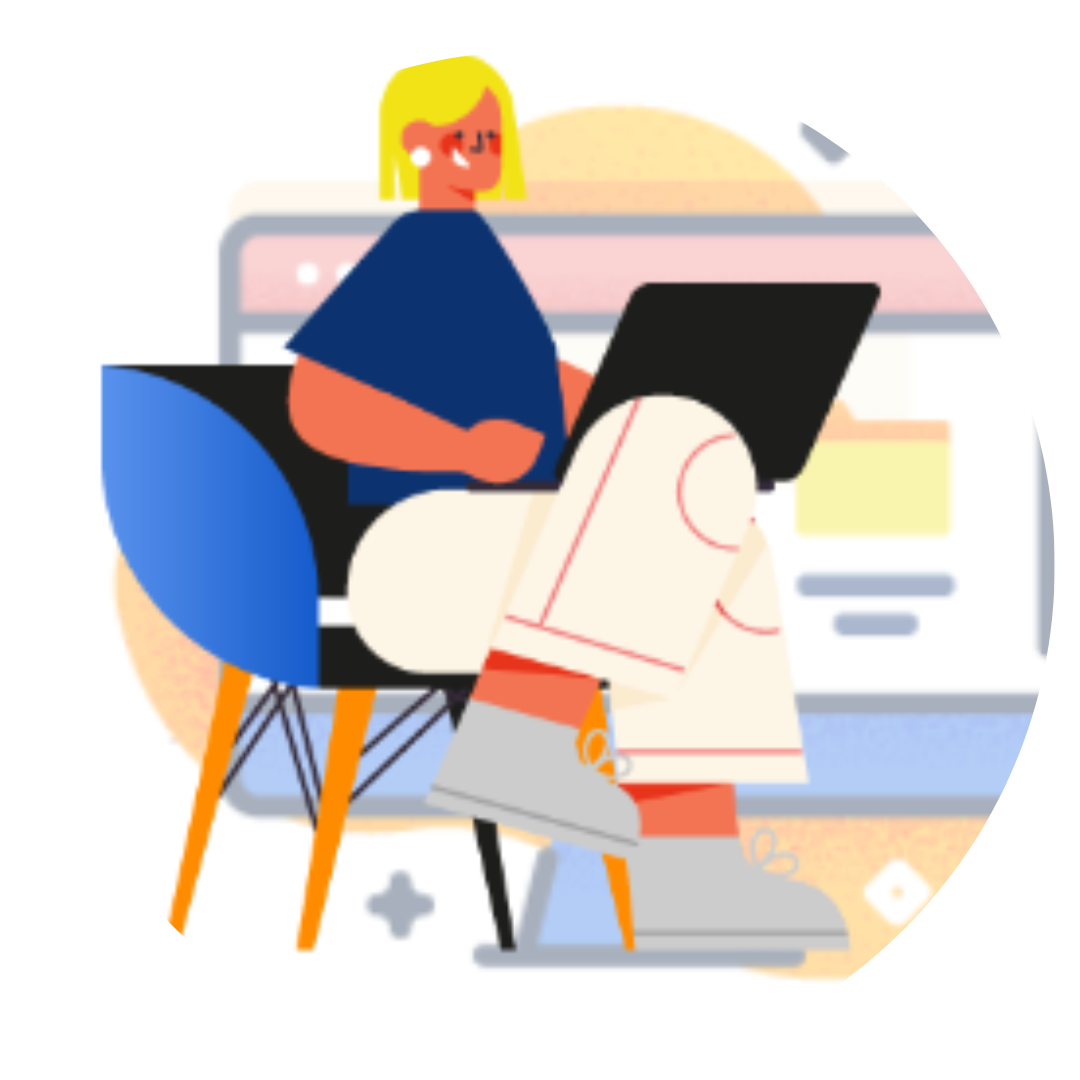 Desenho de uma mulher sentada em um cadeira com o notebook no colo.