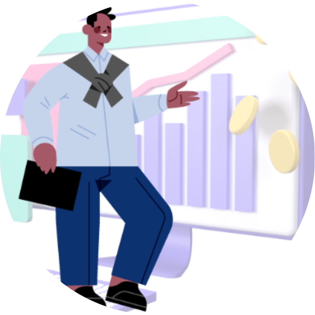 Desenhdo de um home com tablet na mão e no fundo desenho de uma tela de computador