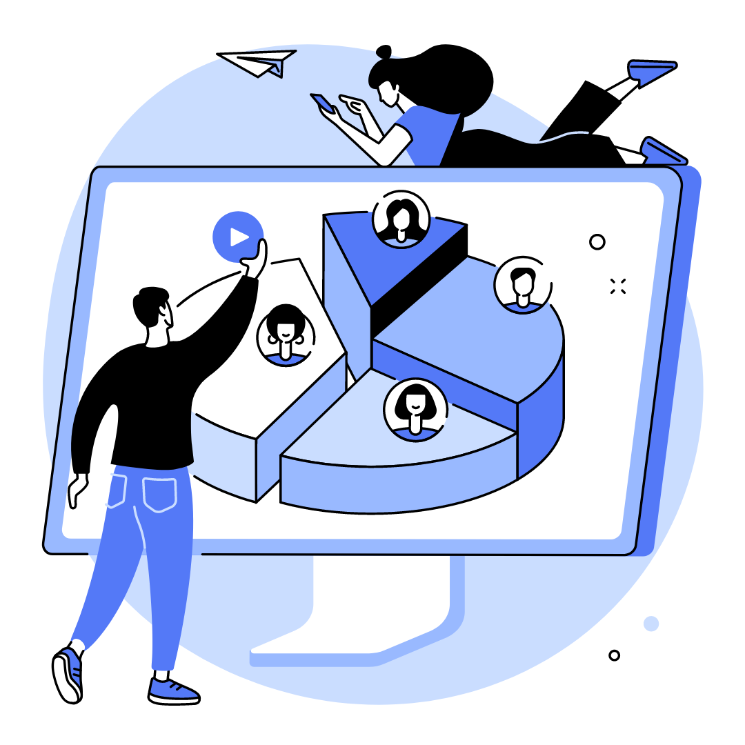 Desenho de uma pessoa na frente de uma tela de computador com gráfico de pizza.