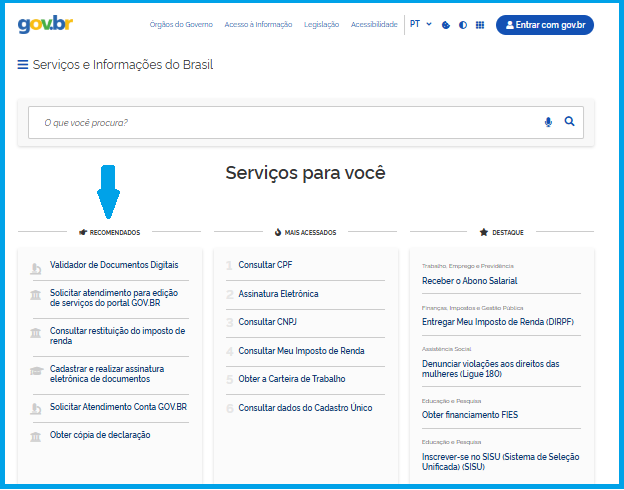 Tela da home do gov.br com a lista dos serviços recomendados