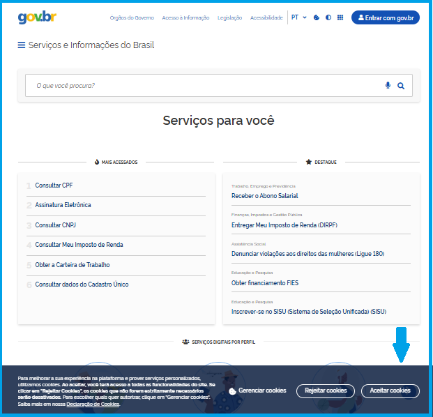 Print da home com serviços mais acessados e em destaque com a notificação de cookies