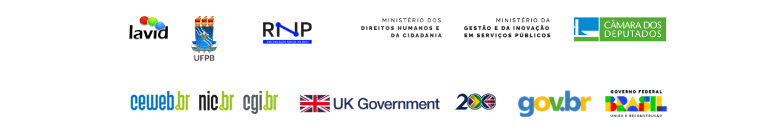 Logo dos parceiros: Lavid, UFPB, RNP, Ministério dos Direitos Humanos e da Cidadania, Ministério da Inovação em Serviços Públicos, Câmara dos Deputados, ceweb.br, nic.br, cgi.br, UK Government, 200, gov.br e Governo Federal