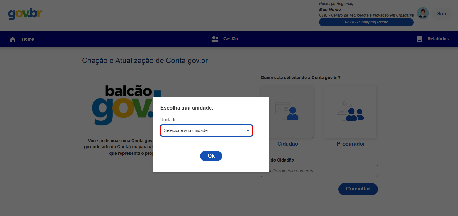 Seleção unidade na tela inicial