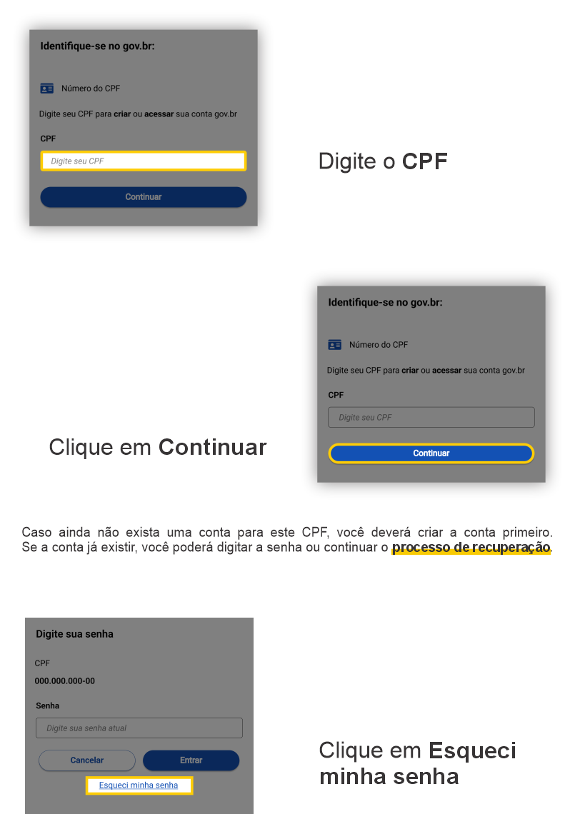 Digite o cpf e clique em continuar. Caso ainda não exista uma conta para este CPF, você deverá criar a conta primeiro. Se a conta já existir, você poderá digitar a senha ou continuar o processo de recuperação. Em seguida, clique em esqueci minha senha.