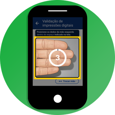 Ilustração da mensagem: Posicione os dedos da mão esquerda, botão trocar mão