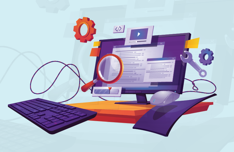 Desenho de um computador com símbolos de segurança e desenvolvimento