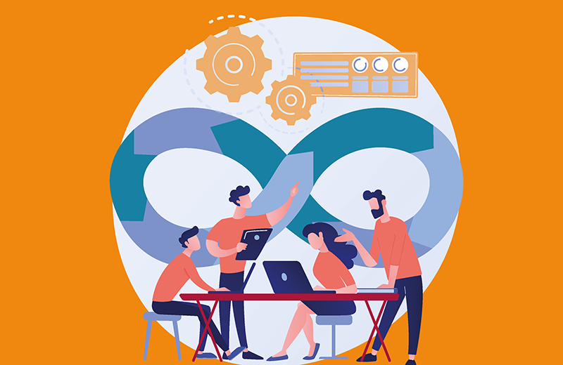 Desenho de pessoas em uma mesa com um notebook.