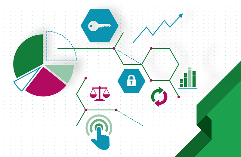 Ilustração com gráricos e símbolos ligados à governança