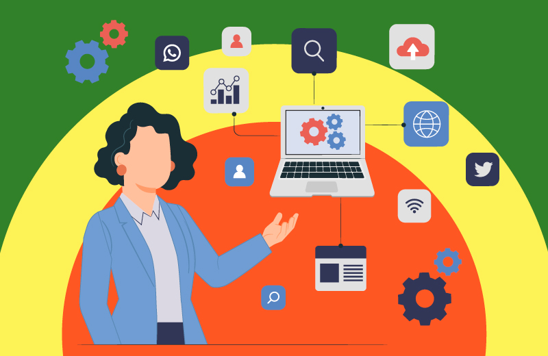 A figura é um desenho de uma mulher apontando para um notebook, saindo dele alguns ícones relacionados à tecnologia.