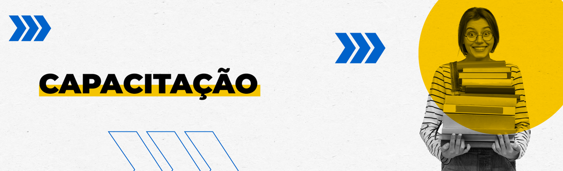 Mulher sorrindo, segura uma pilha de livros. Texto: Capacitação