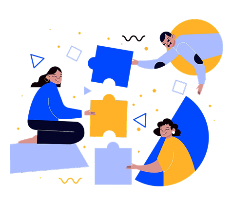 Ilustração vetorial de três pessoas montando peças de quebra-cabeça coloridas juntas, simbolizando colaboração, trabalho em equipe e resolução de problemas.