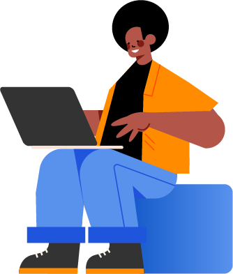 Ilustração com homem e notebook no colo, personagem se chama Yuri