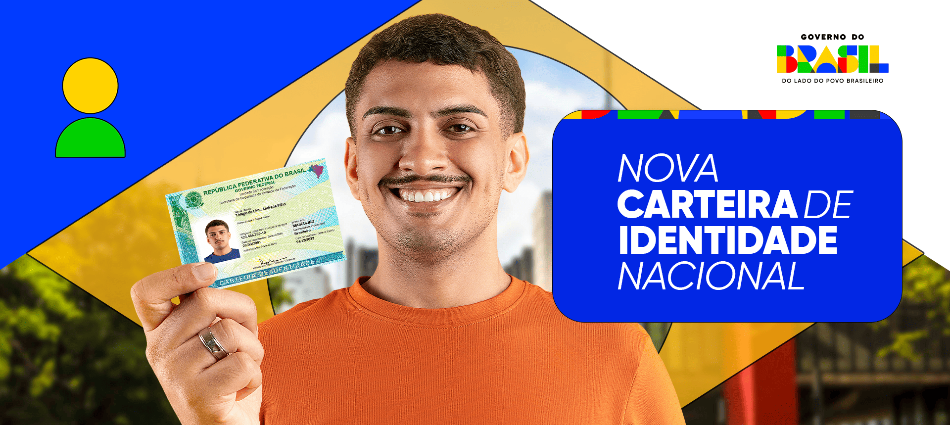homem segurando a nova carteira de identidade nacional. Texto: Nova carteira de identidade nacional