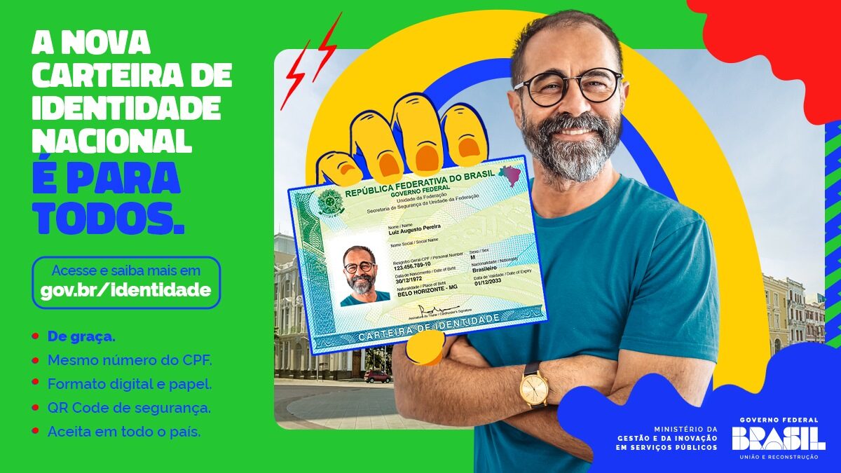 Homem de óculos e barba sorri com a nova carteira de identidade nacional  na mão. texto: A nova Carteira de identidade nacional é para todos.