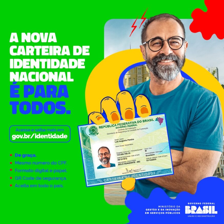 Homem de óculos e barba sorri com a nova carteira de identidade nacional  na mão. texto: A nova Carteira de identidade nacional é para todos.