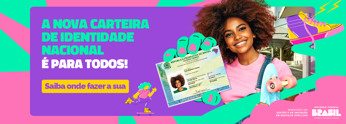 Mulher sorri mostrando a nova identidade. Texto: Saiba onde fazer a nova carteira nacional de identidade