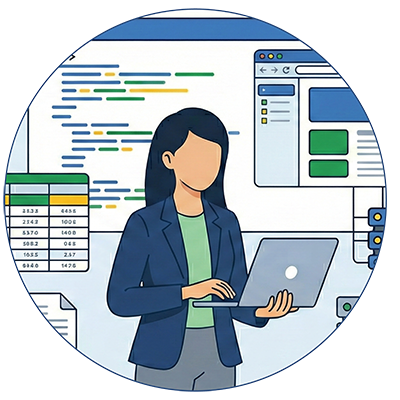 Ilustração de uma mulher asiática com cabelos longos e escuros, vestindo um blazer escuro. Ela está em pé, digitando em um notebook. Ao fundo, há painéis flutuantes exibindo linhas de código de programação, uma planilha de dados e ícones de servidores.