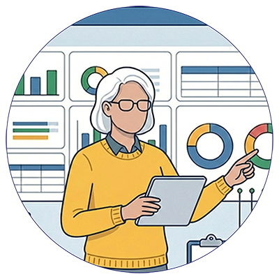 Ilustração em estilo vetorial, delimitada por um círculo, mostrando uma mulher com cabelos brancos e óculos, sem traços faciais detalhados. Ela veste um suéter amarelo sobre uma camisa azul e segura um tablet. Com a outra mão, ela aponta para um painel ao fundo repleto de visualizações de dados, incluindo gráficos de barras, gráficos de rosca e tabelas em tons de azul, verde e amarelo.