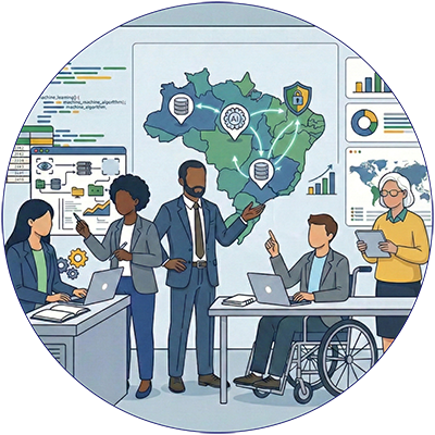 Ilustração vetorial circular de uma equipe diversa de cinco profissionais trabalhando em um centro de tecnologia. Ao centro e ao fundo, um grande telão exibe o mapa do Brasil com ícones de Inteligência Artificial, banco de dados e segurança interligados. A equipe inclui pessoas de diferentes etnias, um homem em cadeira de rodas usando um laptop e uma mulher com cabelos brancos vestindo um suéter amarelo segurando um tablet. Eles estão rodeados por telas com gráficos, códigos e fluxogramas de dados.