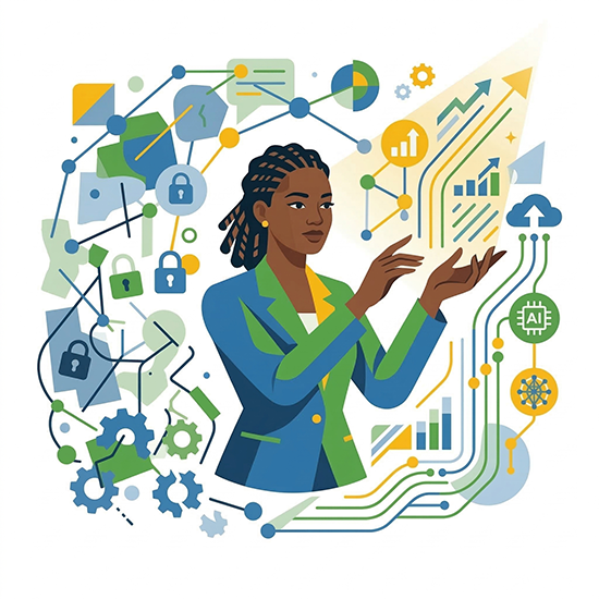 Ilustração vetorial flat design minimalista. No centro, uma servidora pública negra, com tranças e vestindo um blazer azul e verde com detalhes amarelos, gesticula entre dois fluxos de informações. O fluxo à esquerda é caótico e desorganizado, com linhas misturadas, formas geométricas, engrenagens e cadeados, simbolizando os gargalos e limitações de infraestrutura de TI. O fluxo à direita é limpo, organizado e ascendente, com gráficos de barras, setas de crescimento, um ícone de nuvem e um chip com o texto "AI", representando prioridades, governança de TI e IA, e o futuro digital. O fundo é limpo e as cores principais são amarelo, azul e verde.