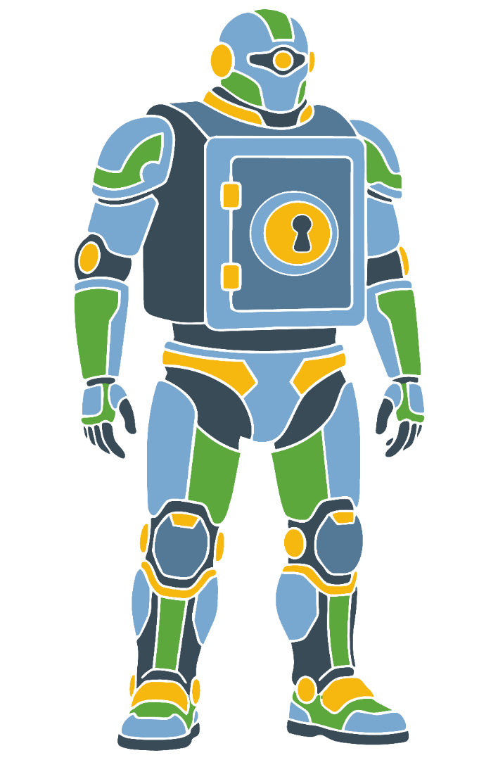 Ilustração vetorial, em estilo plano e com contornos brancos, de um robô humanoide visto de frente. O robô veste uma armadura futurista com um esquema de cores predominante em azul-claro, azul-marinho e verde-limão. O detalhe central de seu torso é uma grande porta de cofre retangular, que possui dobradiças amarelas na lateral esquerda e um grande mostrador circular amarelo com o orifício de uma fechadura preta no centro. A cabeça do robô é arredondada, lembrando um capacete, com um visor único central e detalhes laterais amarelos. Os braços e pernas são revestidos por placas de metal coloridas, e as mãos estão relaxadas ao lado do corpo. Fundo branco.