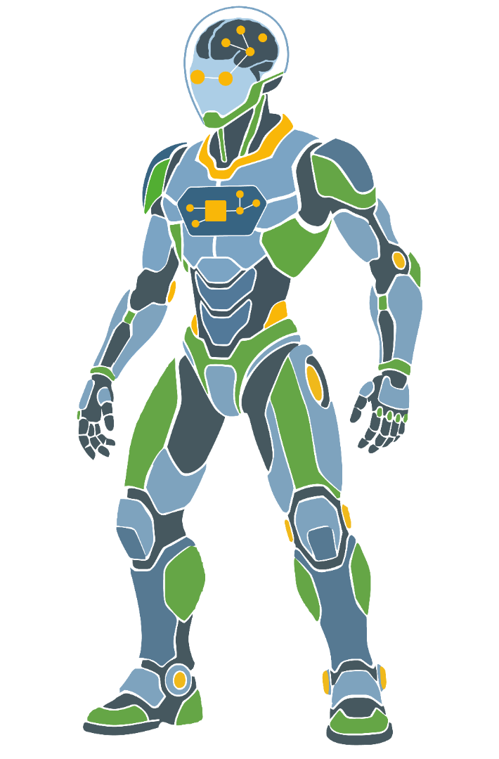 Ilustração vetorial de corpo inteiro de um robô humanoide futurista, em posição de três quartos voltada para a esquerda. O robô possui um estilo plano (flat design) com contornos brancos e uma paleta de cores em azul-acinzentado, verde e cinza-escuro. A cabeça é envolta por um domo transparente que revela um cérebro estilizado com conexões de rede neural em amarelo; os olhos são representados por dois círculos amarelos. No centro do peito, uma placa exibe um ícone de circuito ou microchip amarelo. Os membros são segmentados e articulados, transmitindo uma aparência tecnológica e cibernética.