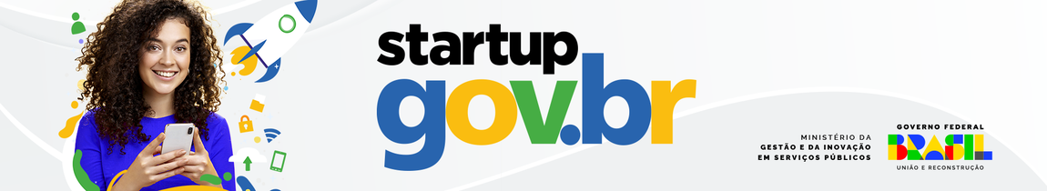 Banner decorativo com o texto 'Startup GOV.BR' e logo MGI versão mobile
