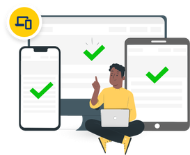 Ilustração de abertura do assunto, com uma pessoa em tamanho reduzido observando um tablet, um celular e um computador.