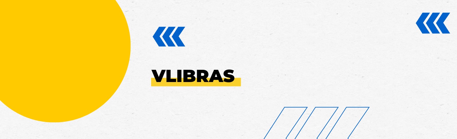Fundo branco com duas setas azuis apontadas para o lado esquerdo e com três retângulos na vertical. Tem um círculo amarelado do lado esquerdo. Texto: VLibras.