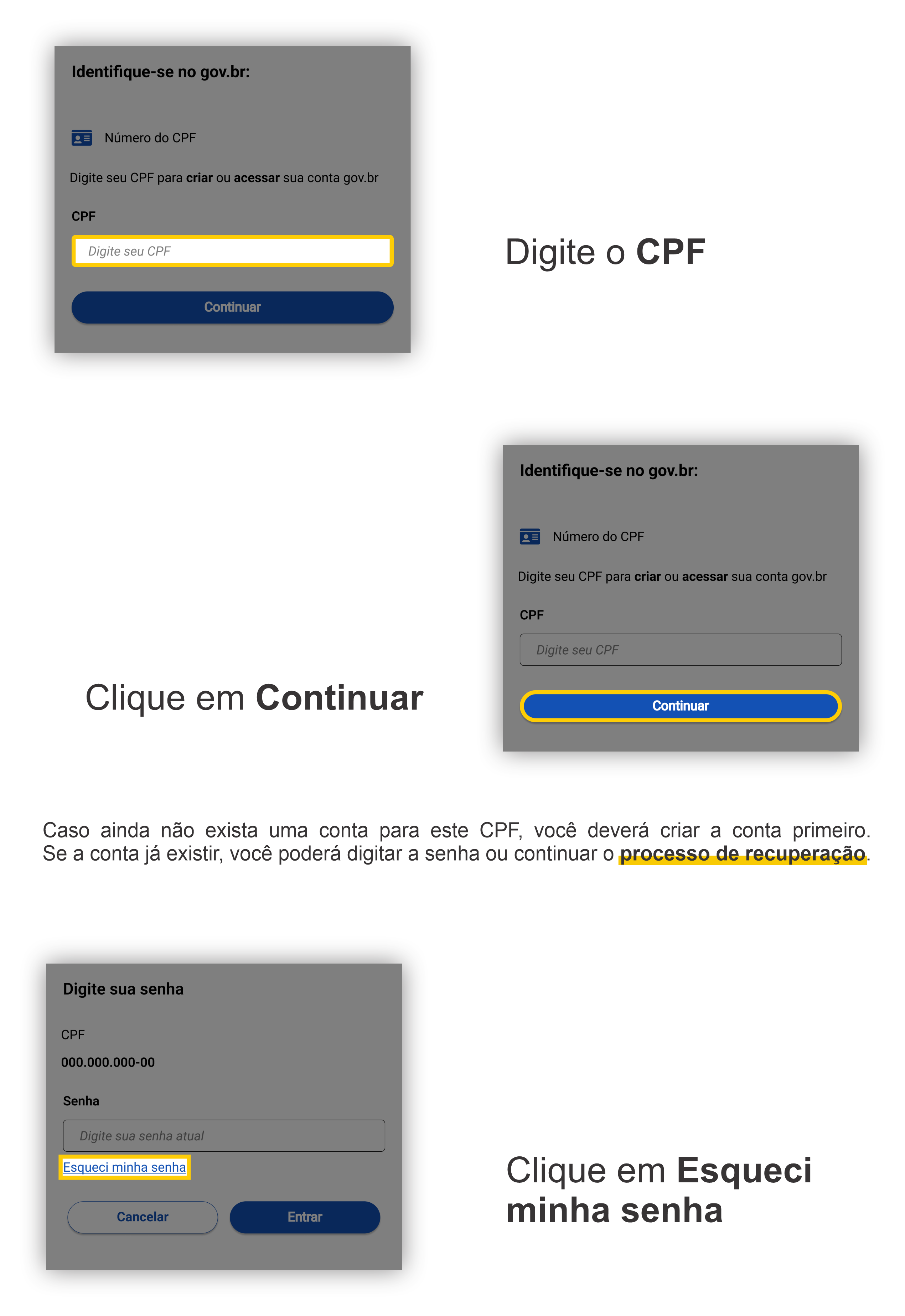 Digite o cpf e clique em continuar. Caso ainda não exista uma conta para este CPF, você deverá criar a conta primeiro. Se a conta já existir, você poderá digitar a senha ou continuar o processo de recuperação. Em seguida, clique em esqueci minha senha.