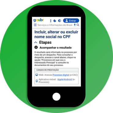 Imagem apresentando a página do serviço de incluir, alterar ou excluir nome social no CPF, especificamente a etapa 2 de acompanhar o resultado