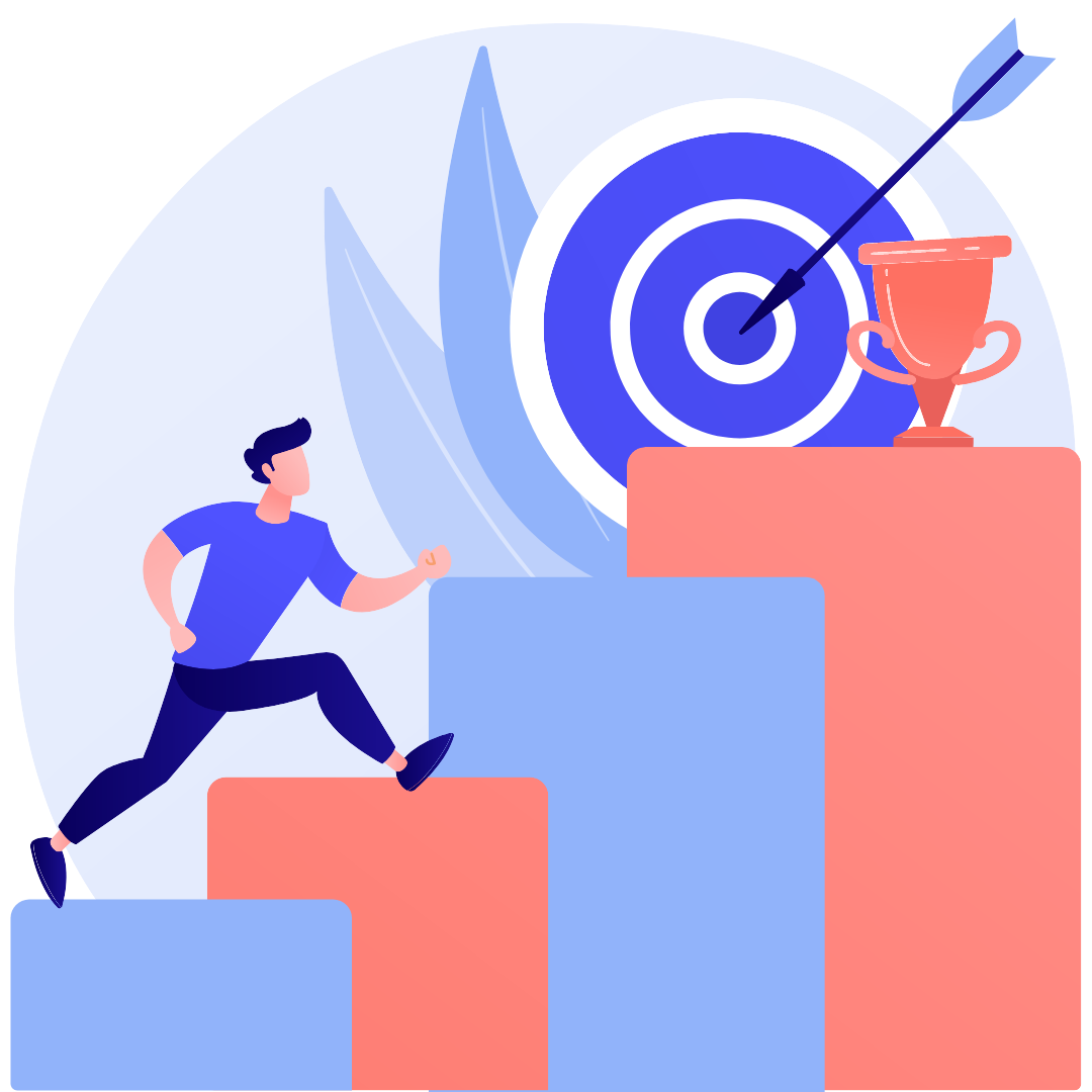 Desenho de uma pessoa subindo uma escada buscando um alvo