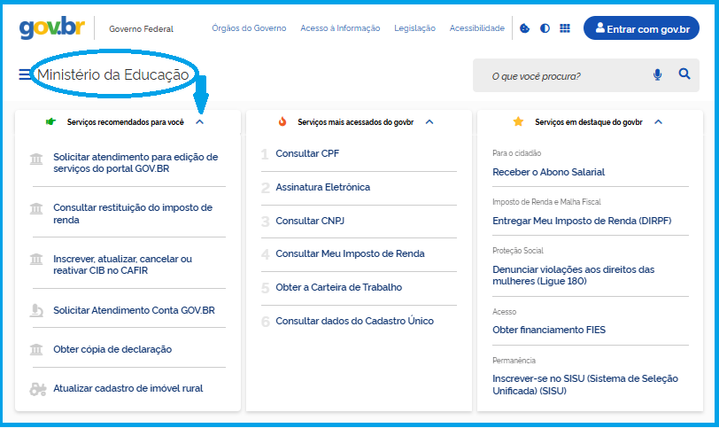 Tela com a lista de serviços do portal gov.br na home do Ministério da Educação