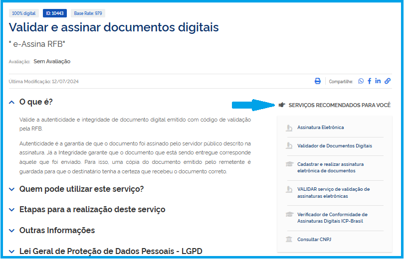 Tela com a lista de serviços e de recomendações de serviços no portal gov.br