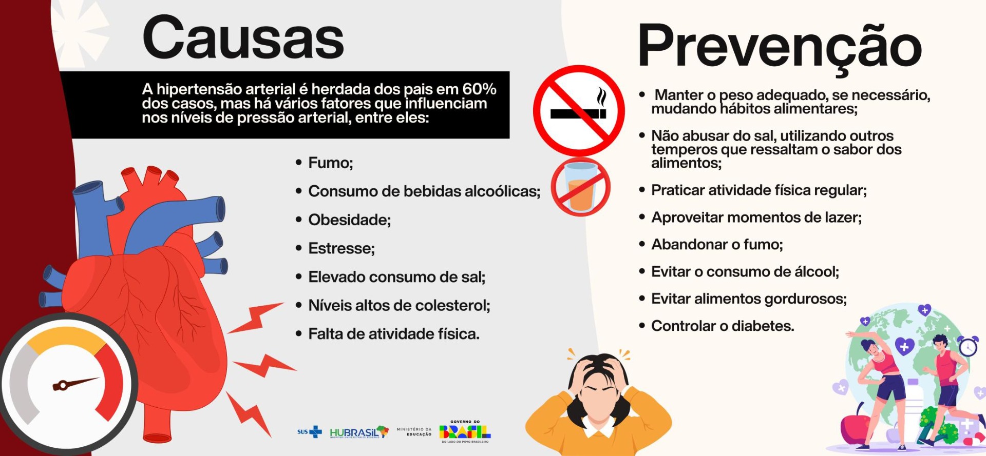 Infográfico de causas e prevenção de pressão alta.